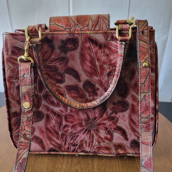 Vintage Brahmin Leather Purse Satchel, Embossed Floral all-over pattern Burgundy - Picture 7 of 16